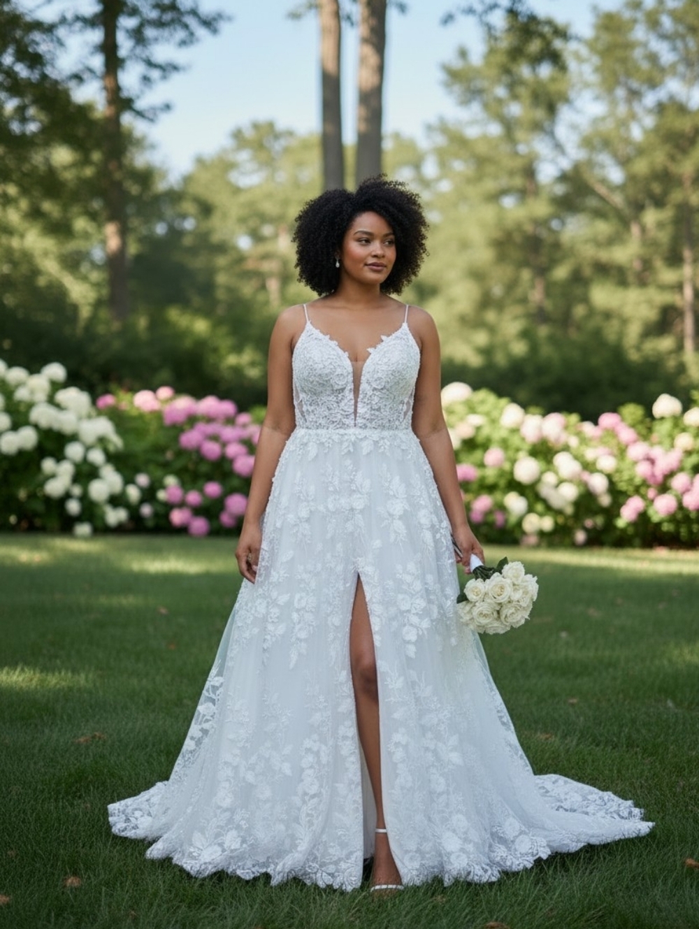 NWT Embroidered Floral Sheer Side Panels, Low Back, High Front Slit Wedding Dres